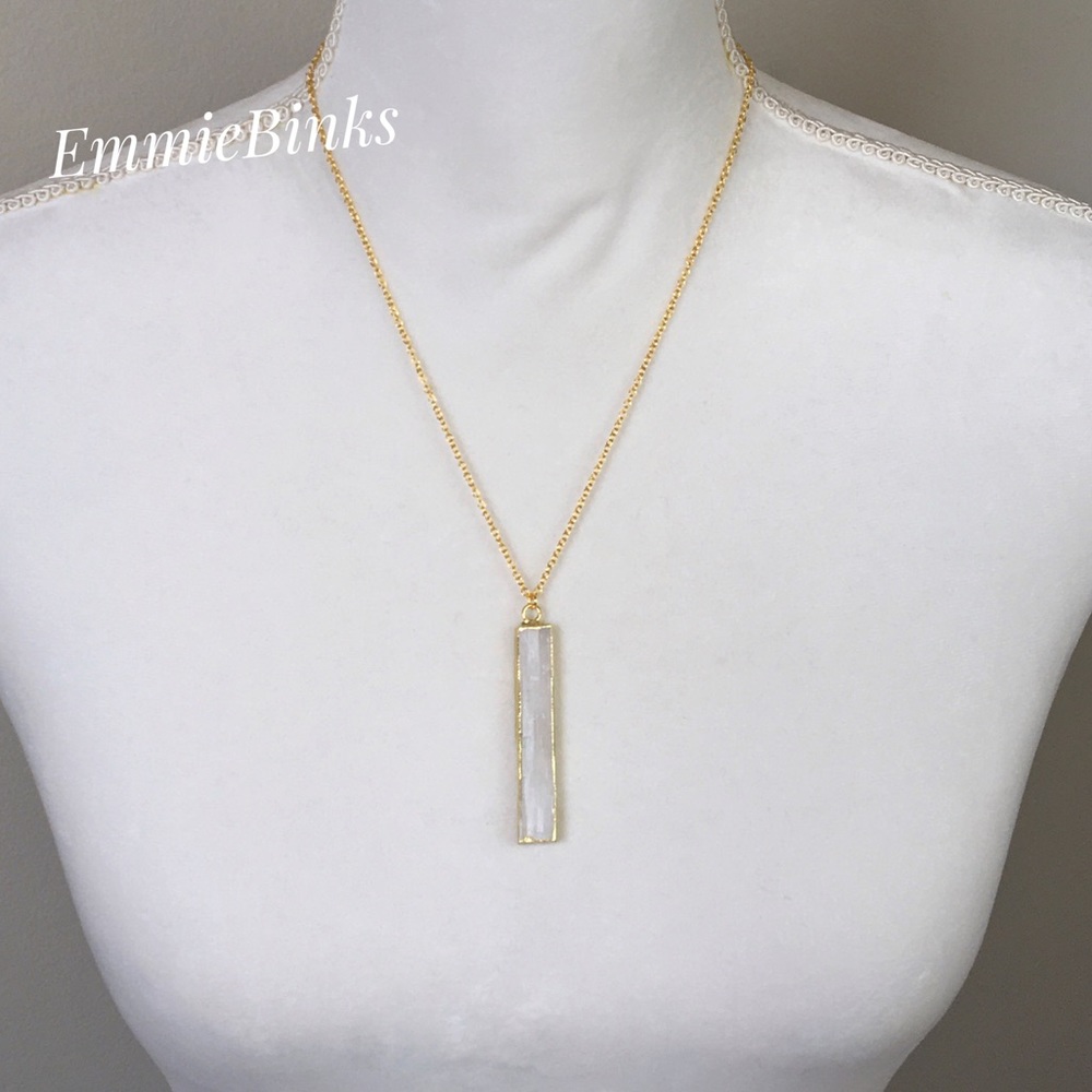 NWT 14KG Gold Dipped Genuine Raw Selenite Crystal Bar Necklace & 18KG Chain